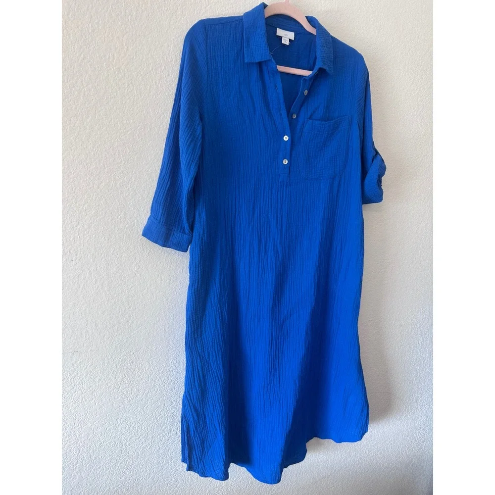 J. Jill 100% Cotton-Gauze‎ One-Pocket Blue Lagenlook Shirtdress SZ XS - Picture 4 of 10